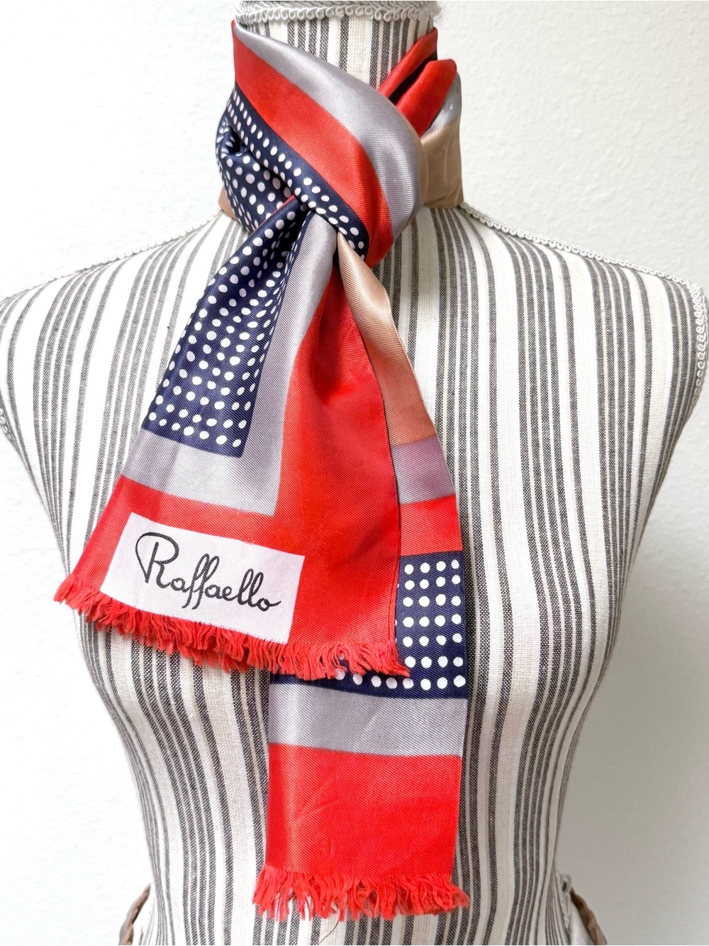 Vintage Raffaello Silk Scarf Red Navy Polka Dot Long Skinny Scarf Euro Chic